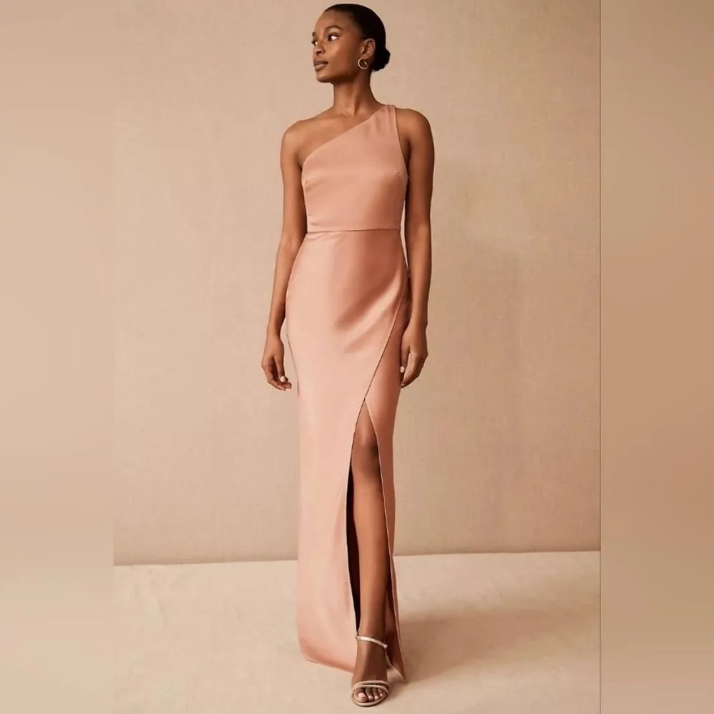 BHLDN Dylan One-Shoulder Satin Side-Slit Gown: Sedona (Peach Copper, Bridesmaid)